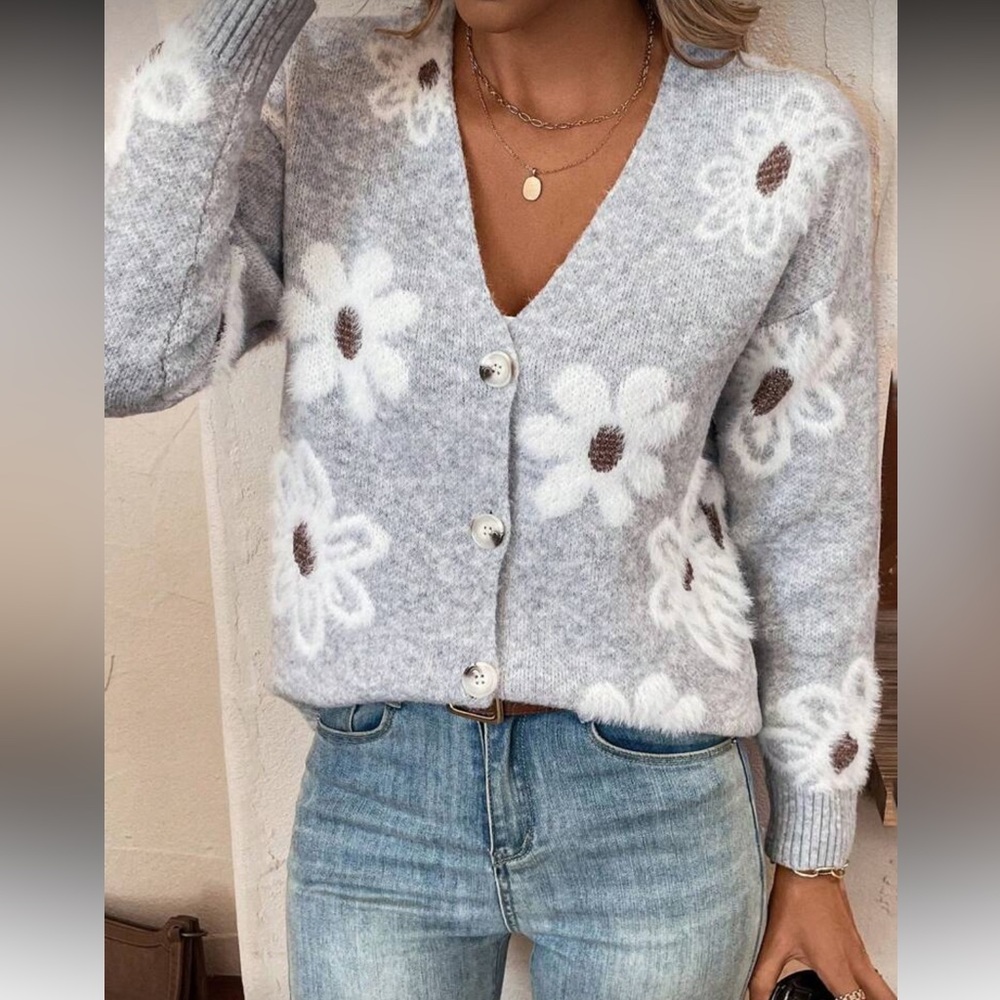 Floral Gray Cardigan Sweater